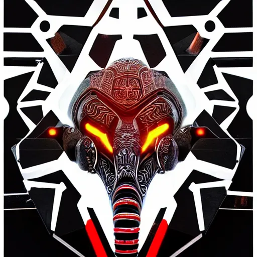 Image similar to never forget! futuristic elephant head, symmetrical, intricate black shaman ornaments, black oak patterns, iridescent reflection, mask big, mech mask, mecha - elephant, graphic design, black white grays and red color, subsurface scattering, cyberpunk, unreal engine, octane render