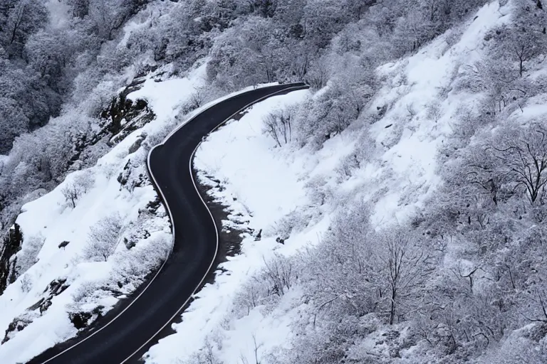 Image similar to a dangerous winding road route on an icy snowy cliff, blizzard, photo
