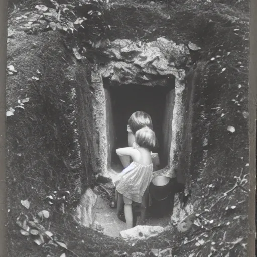 Prompt: photograph of two children looking down into an old stone well in the middle of an overgrown forest. in the well, the corpse of a mysterious fleshy beast float on the water with a claw reaching up