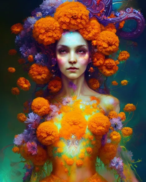 Image similar to Full View Portrait Mystical ethereal marigold deity wearing beautiful dress, marigold Dryad, 4k digital masterpiece by Anna dittman and Ruan Jia and Alberto Seveso, fantasycore, Hyperdetailed, realistic oil on linen, soft lighting, marigold background, featured on Artstation