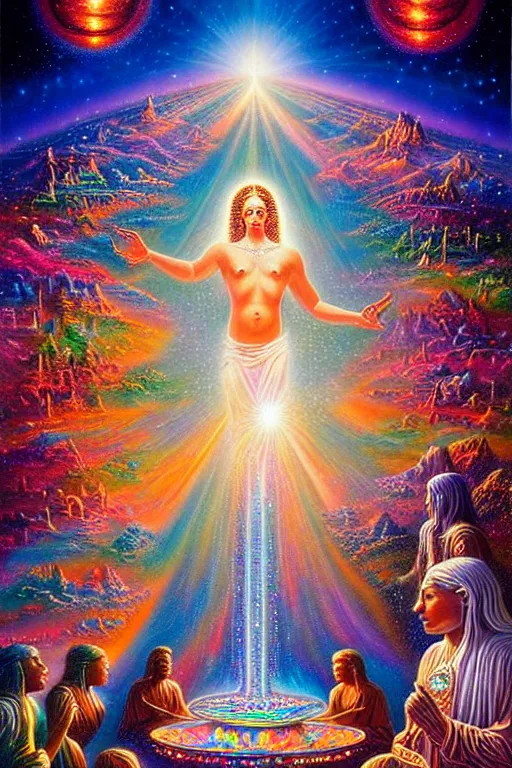 Prompt: a realistic detailed cinematic painting of a beautiful clear glass vibrant consciousness of human evolution, spiritual enlightenment, manifestation, triumph, peace, prosperity, beautiful opal statues adorned in jewels, by david a. hardy, kinkade, lisa frank, wpa, public works mural, socialist