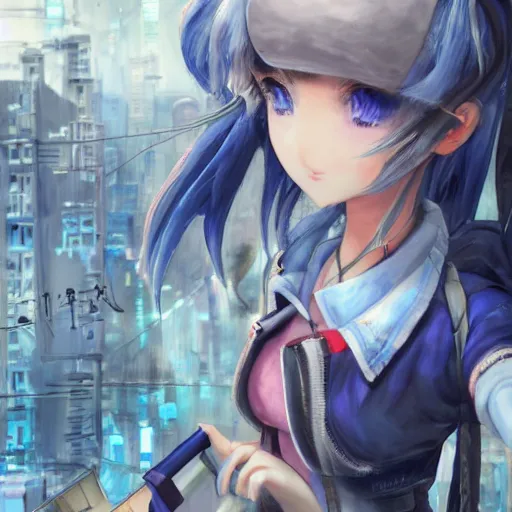 Image similar to dynamic composition, motion, ultra-detailed, incredibly detailed, a lot of details, amazing fine details and brush strokes, colorful and grayish palette, smooth, HD semirealistic anime CG concept art digital painting, watercolor oil painting of Clean and detailed post-cyberpunk sci-fi close-up schoolgirl in asian city in style of cytus and deemo, blue flame, relaxing, calm and mysterious vibes,, by a Chinese artist at ArtStation, by Huang Guangjian, Fenghua Zhong, Ruan Jia, Xin Jin and Wei Chang. Realistic artwork of a Chinese videogame, gradients, gentle an harmonic grayish colors. set in half-life 2, Matrix, GITS, Blade Runner, Neotokyo Source, Syndicate(2012), dynamic composition, beautiful with eerie vibes, very inspirational, very stylish, with gradients, surrealistic, dystopia, postapocalyptic vibes, depth of field, mist, rich cinematic atmosphere, perfect digital art, mystical journey in strange world