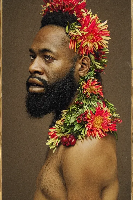 Prompt: an African American man's face in profile, long beard, made of flowers and fruit, in the style of the Dutch masters and Gregory crewdson, dark and moody