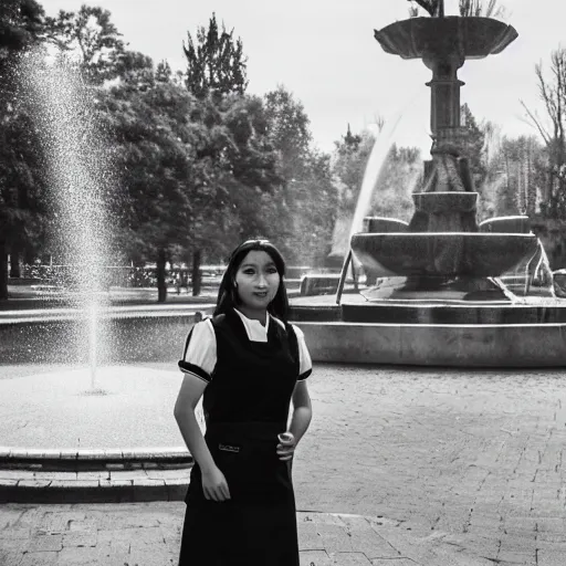 Prompt: a full body portrait of a young woman in black and white maid uniform standing in front of a fountain in a park, 8k, cinematic, photo taken with Sony a7R camera, by William-Adolphe