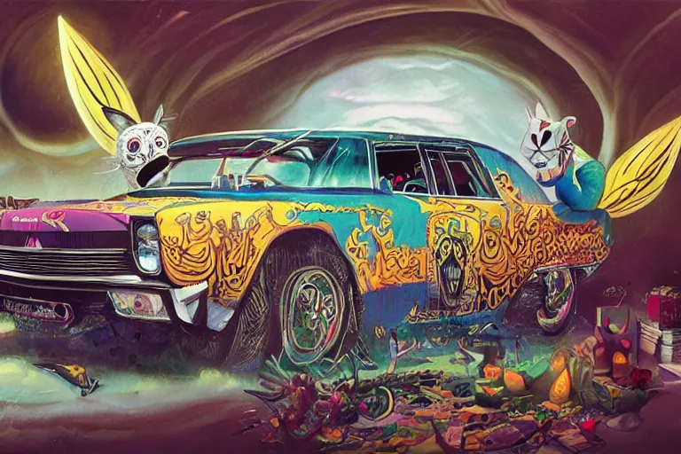 Prompt: closeup of a amc marlin lowrider driven by a cute fluffy female bunny in a dia de los muertos face makeup, in a quantum wormhole, juxtapoz, artforum, gary baseman, dan mumford, pedro correa, mad magazine, matte sharp painting