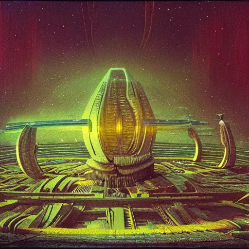 Image similar to megastructure in space, highly detailed 7 0 s scifi and beksinski style painting