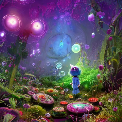 Image similar to tiny witch, vegetation, expressive eyes, floating, rbc, radiolaria, protophyta, micro - organisms, center frame, symmetric, rim light, marine microbiology, bioluminescence, electric, fur, soft, concept art, intricate details, highly detailed, colorful, photorealistic, disney pixar, octane render, iridescent, anime, 8 k