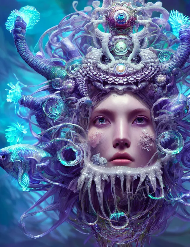 Image similar to goddess macro close - up portrait wigh crown made of ram skull. betta fish, jellyfish phoenix, bioluminiscent, plasma, ice, water, wind, creature, super intricate ornaments artwork by tooth wu and wlop and beeple and greg rutkowski