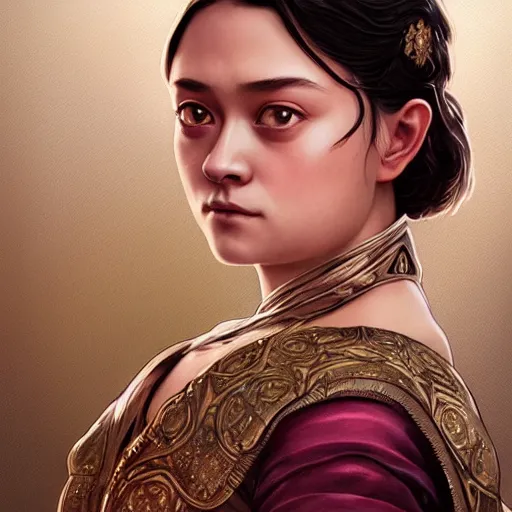 Image similar to Portrait of arya stark as javanese princess, elegant, digital painting, highly detailed, fantasy, artstation, concept art, smooth, sharp focus, illustration, art by artgerm and greg rutkowski and alphonse mucha