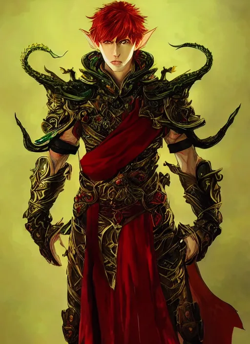 Image similar to Half body portrait of a handsome young red haired elven monk prince with dragon eyes, red, green and gold ornate robe. In style of Yoji Shinkawa and Hyung-tae Kim, trending on ArtStation, dark fantasy, great composition, concept art, highly detailed.