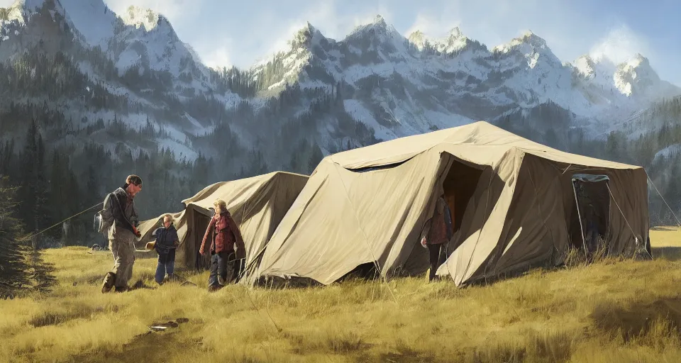 Image similar to cabela's beautiful comfortable modular insulated wall kit - house all weather family dwelling tent house, person in foreground, mountainous forested wilderness open fields, beautiful views, painterly concept art, joanna gaines, environmental concept art, farmhouse, magnolia, concept art illustration, by james gurney, by craig mullins, by greg rutkowski trending on artstation