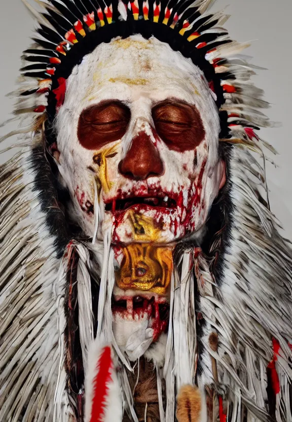 Prompt: close up portrait of zombie Pope Francis wearing a Native American Indian Feathered Headdress War Bonnet, dead redemption, by Dan Colen