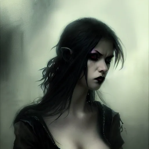 Image similar to goth teen, character portrait, sharp, digital matte painting, art by luis royo, greg rutkowski, wlop, dramatic lighting, trending on artstation