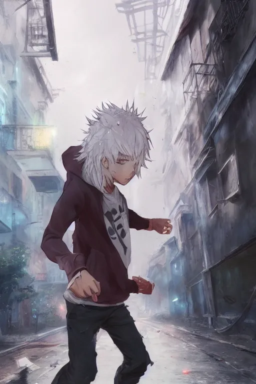 Image similar to anime teen boy with messy white hair wearing a hoodie running from police pursuit in an alleyway, concept art, wlop, digital painting, trending on artstation, highly detailed, epic composition, official media, 8 k uhd