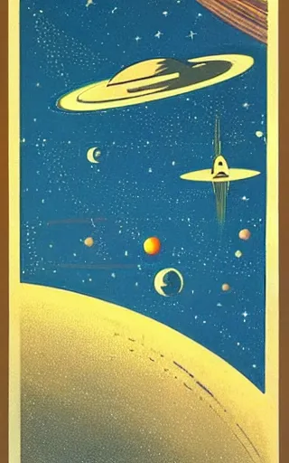 Prompt: a spaceship flying through a solar system, spaceship, stars, galaxy, poster, 1950s art deco, retrofuturism, edward hopper