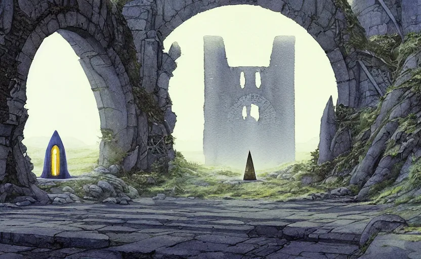 Prompt: a hyperrealist watercolour concept art of a dimensional time portal in the shape of a ruined arch. a medieval monk in grey robes is in the foreground. a ufo is in the background. very muted colors, post grunge, by rebecca guay, michael kaluta, charles vess and jean moebius giraud. high detail, hq, wide shot, 4 k