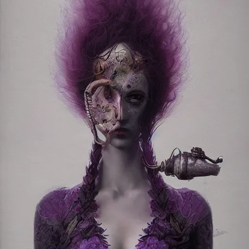 Prompt: photorealistic soft paint of absurdities and curiosities, very beautiful dollpunk female full long dress, ultra deep fog, purple black lustrous thin haircut, symmetry accurate features, focus, very intricate ultrafine details, award winning masterpiece, tom bagshaw ross tran