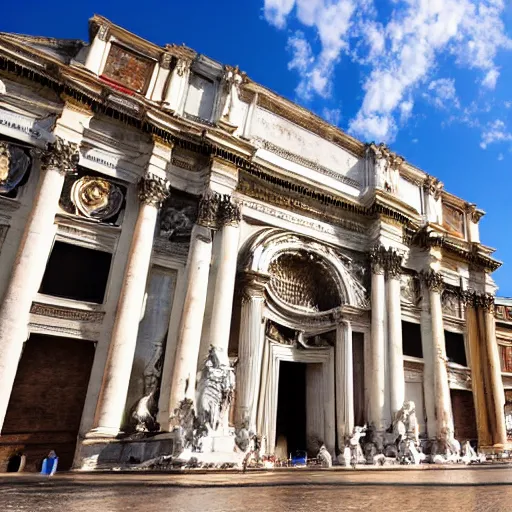 Image similar to The city of Rome under the snow on August. It's snowing everywhere on the entire cityscape of Rome under a blue sky and a very hot sun. It's crazy hot. People wear swimsuits and are very puzzled.