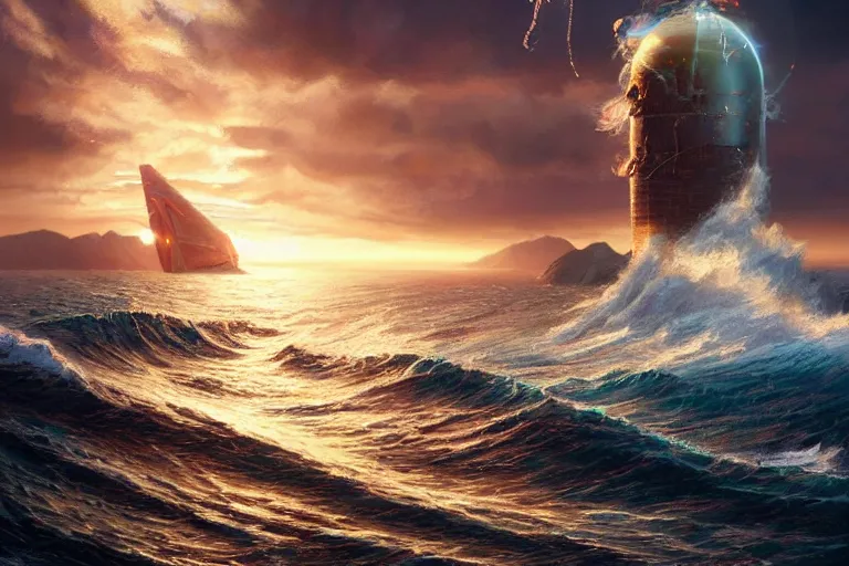 Image similar to detailed intricate digital illustration by greg rutkowski and artgerm and wlop and sanford robinson gifford ; nuclear bomb radiating bright, blinding lens flare across the horizon of a serene ocean, beautiful, glistening water and waves ; 1 3 mm film, arri alfa anamorphic lens, golden hour lighting ; sharp focus ; trending on artstation 8 k