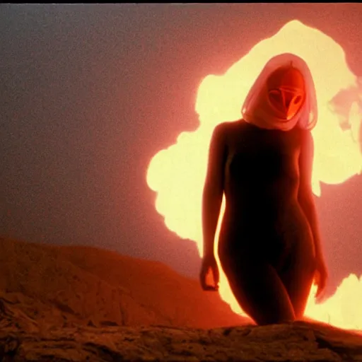 Image similar to The full body shot of beautiful pale woman with white flowers and full-face golden mask inside a thick black smoke in rocky desert landscape, glowing eyes everywhere, burning earth by Gaspar Noe and Christopher Doyle, anamorphic lens, anamorphic lens flares, kodakchrome, cinematic composition, practical effects, award winning photo, 8k