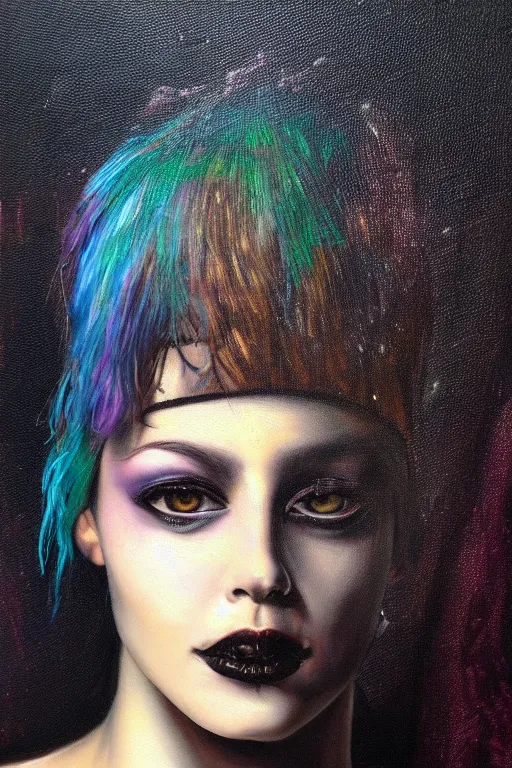 Image similar to hyperrealism oil painting, close - up portrait of punk gothic medieval brunette fashion model, knight, steel gradient mixed with nebula sky, in style of baroque