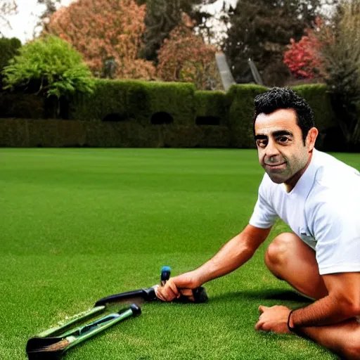 Image similar to high quality photograph of Xavi Hernandez as a professional gardener posing for camera