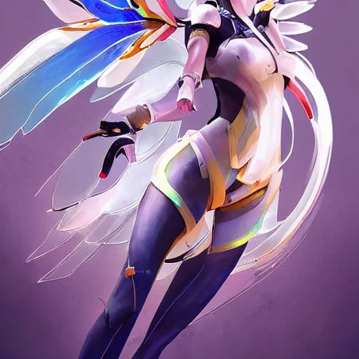 Image similar to mercy ( overwatch ), digital art by android jones and mad dog jones