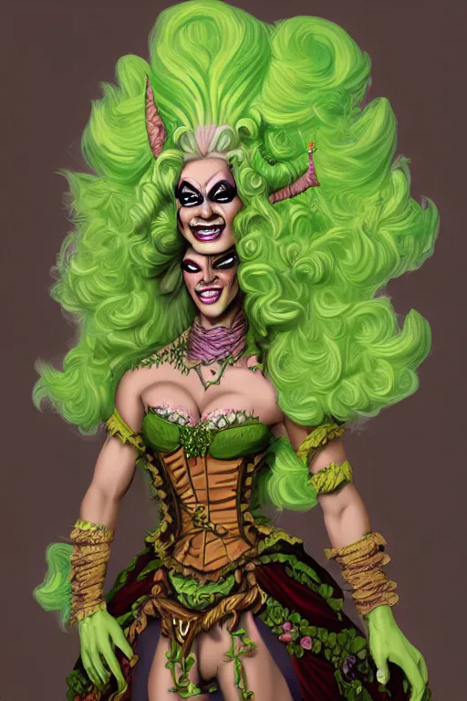 Prompt: d&d character artwork of a green-skinned orc drag queen, drag queen orc in frilly rococo ballgown and wearing a huge rococo powdered wig, rococo fashion, trending on artstation, sharp focus, 4k digital painting