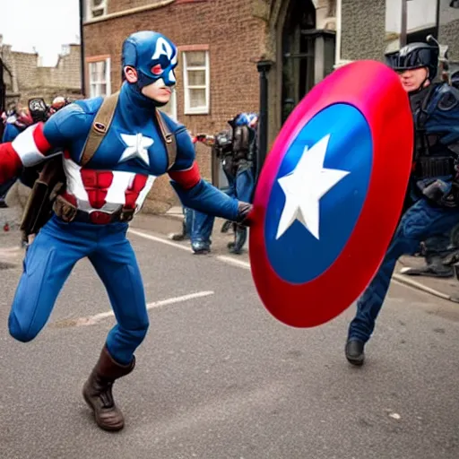 Image similar to photo of captain america fighting an edl march in a british pub