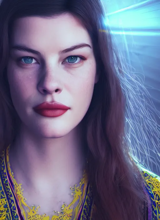 Prompt: young liv tyler, ukrainian national clothes, embroidered shirt, portrait of young woman, 8 k ultra realistic, lens flare, atmosphere, glow, detailed, intricate, full of colour, led lighting, 4 k, hyperrealistic, focused, extreme details, unreal engine 5, masterpiece