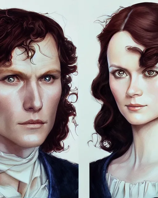 Image similar to in the style of joshua middleton, artgerm, scene from jamie and claire outlander, detailed realisitc eyes, detailed realistic eyes, detailed and intricate