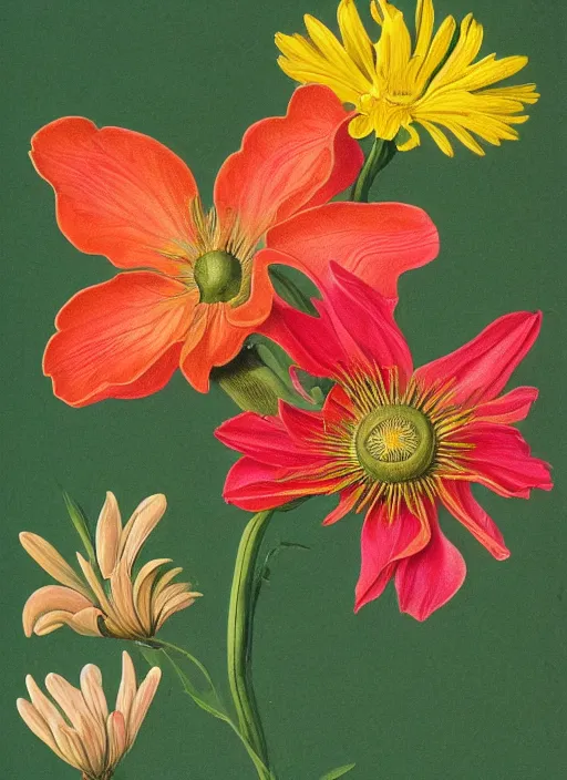 Image similar to fantasy scientific botanical illustration of colorful flower with a large, smiling mouth as a flower