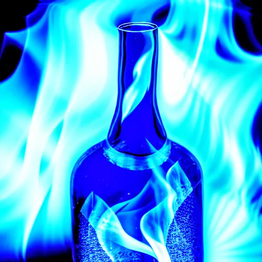 Image similar to blue flame burning inside a bottle, 4 k, photography, highly detailed