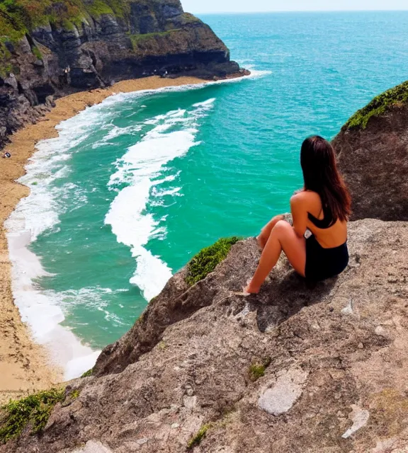 Image similar to a girl sitting on a cliff overlooking a beach