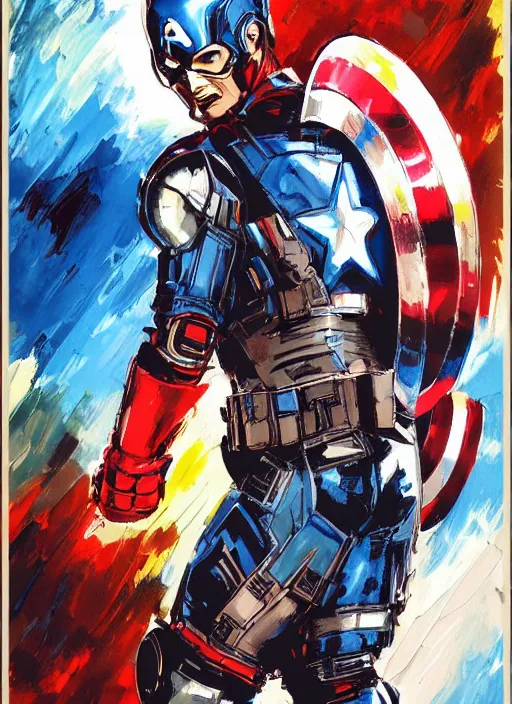 Image similar to marvel mcu captain america strange, wearing futuristic cybernetic battle armor, by ashley wood, yoji shinkawa, jamie hewlett, 6 0's french movie poster, french impressionism, vivid colors, palette knife and brush strokes, dutch angle