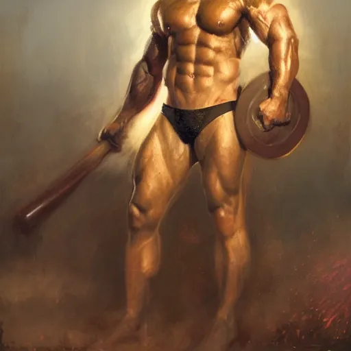 Image similar to handsome portrait of a spartan guy bodybuilder posing, war hero, wrestling singlet, radiant light, caustics, by gaston bussiere, bayard wu, greg rutkowski, giger, maxim verehin