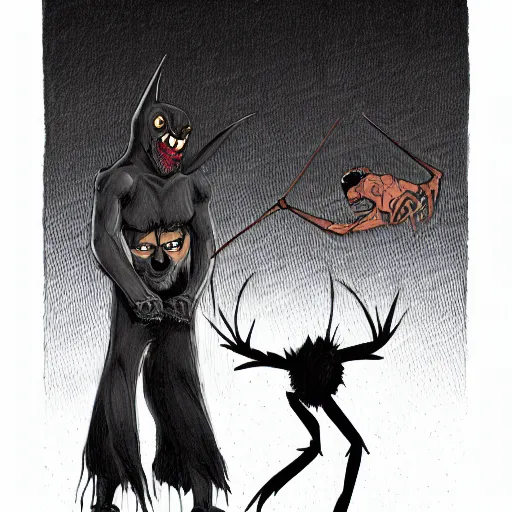 Image similar to a man who is a bat fighting a man who is a spider, detailed illustration, concept art