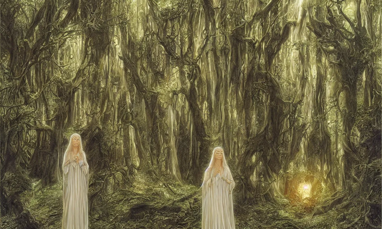 Prompt: Galadriel in Lothlórien, art by John Howe and Donato Giancola, fantasy illustration, Tolkein art