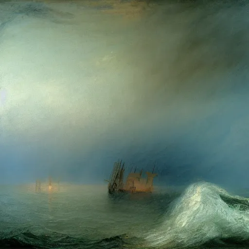 Prompt: a ship burning in the distance during a storm, by william turner, by beksinski, by caspar david friedrich, oil painting, romantism, realism, limited palette