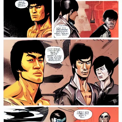 Prompt: Bruce Lee in the style of Borderlands, by Feng Zhu and Laurie Greasley, Victo Ngai, Andreas Rocha, John Harris