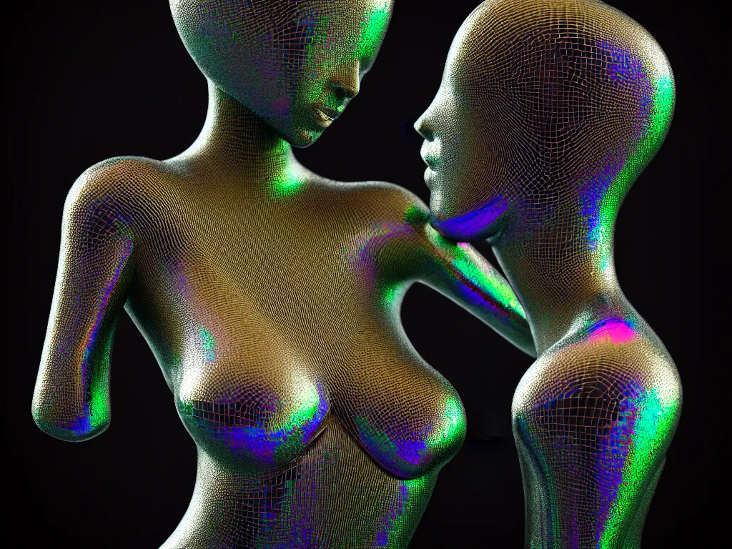 Image similar to 3d geometrically printed mannequin dripping iridescent black liquid in the style of michael cheval, 4k, trending on artstation, hypermaximalist, photorealistic, moody, dramatic, octane render