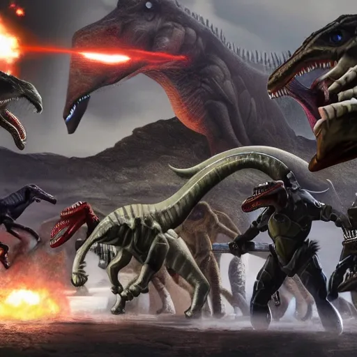 Prompt: dinoasaurs vs Elites from halo, large battle, fantasy