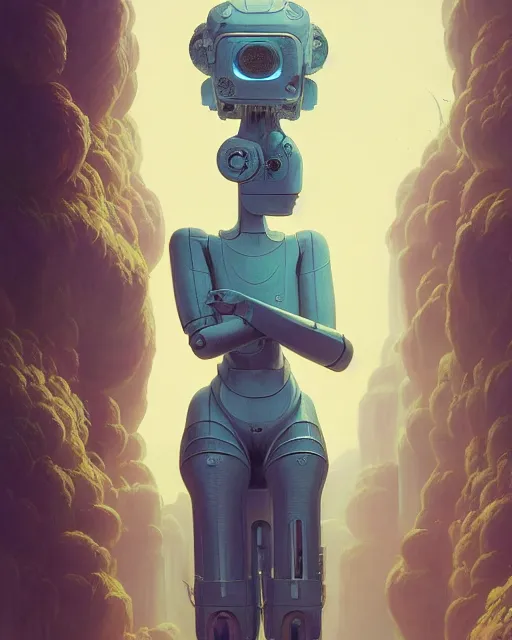 Image similar to highly detailed surreal vfx portrait of a sacred robot, stephen bliss, unreal engine, greg rutkowski, loish, rhads, beeple, makoto shinkai and lois van baarle, ilya kuvshinov, rossdraws, tom bagshaw, alphonse mucha, global illumination, detailed and intricate environment