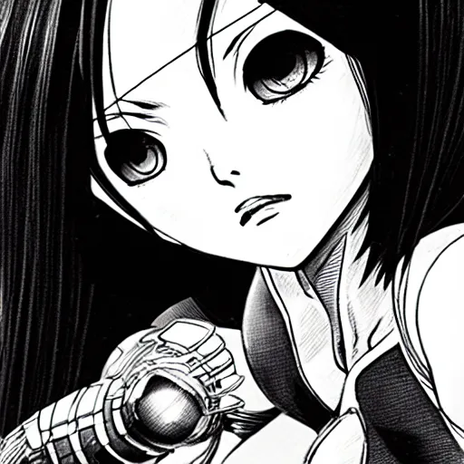 Image similar to alita by yukito kishiro. medium shot. black and white manga. pencil drawing.