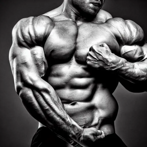 Image similar to huge muscles bodybuilder in the style of a newborn baby, genetically engineered, rippling muscles, huge veins, bulging muscles, ripped, flexing, intense expression, award winning photography, high detail