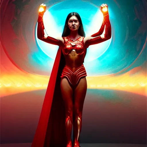 Image similar to olivia rodrigo as darna, wax figure, glowing eyes, volumetric lights, red and cyan theme, art nouveau botanicals, intricate, highly detailed, digital painting, artstation, concept art, smooth, sharp focus, cinematic, illustration, beautiful face, art by artgerm and greg rutkowski and alphonse mucha