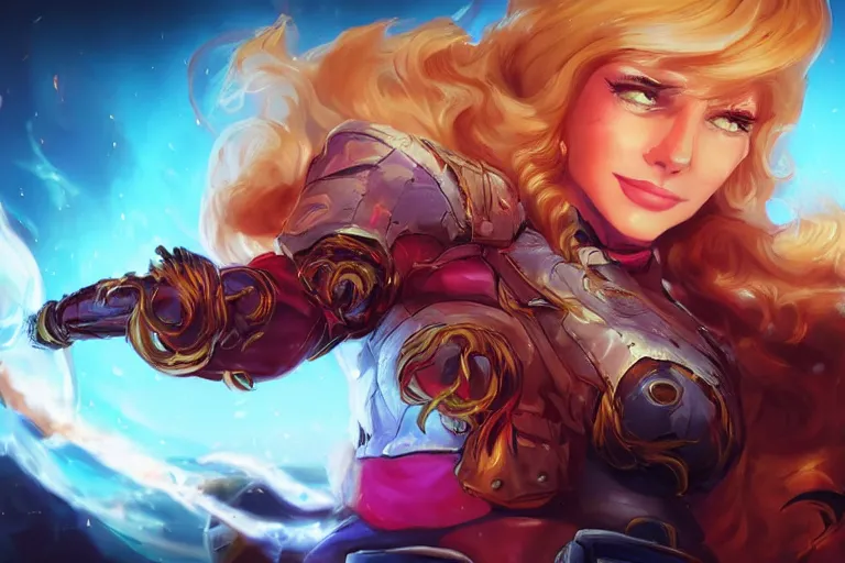 Image similar to Digital art of Lucius with fluffy curly blond hair, wreathed in scintillating flames Genetically engineered super soldier in a scorched land with a black roiling sky. Epic artstation league of legends splash art