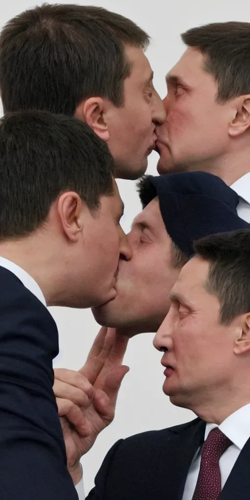 Prompt: Vladimir Putin open mouth kissing Volodymyr Zelenskyy