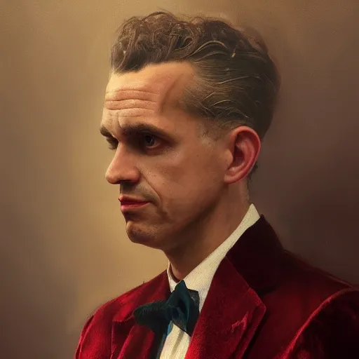 Prompt: painting of a Jordan Peterson, beautiful and detailed, he is wearing a crimson red velvet suit, oil painting, by Greg Rutkowski, trending on artstation