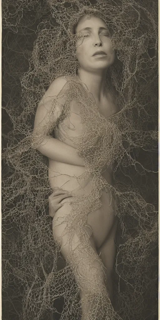 Prompt: a woman entwined in a coral reef, made of intricate decorative lace leaf skeleton, in the style of the dutch masters and gregory crewdson, dark and moody